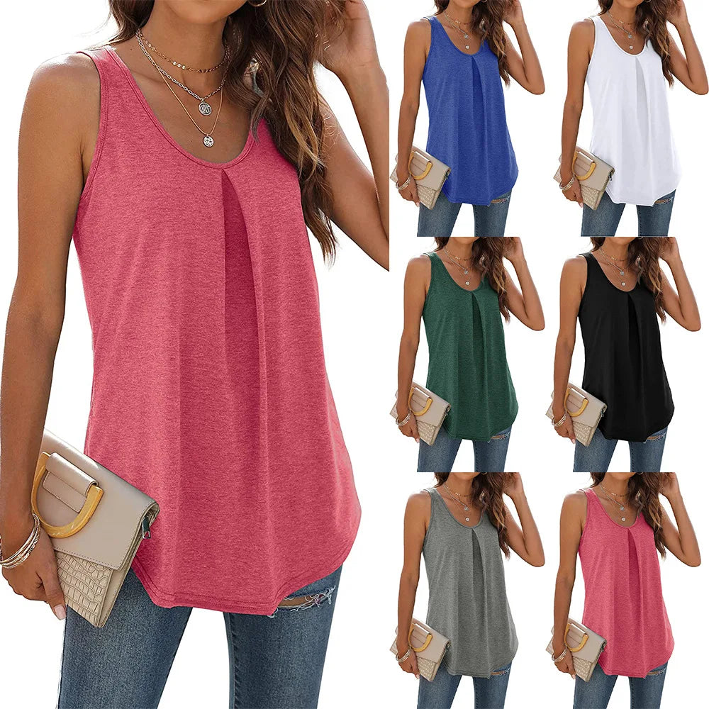Summer V Neck Sleeveless Long Pleated Loose Vests Casual Women Solid Color T-shirt Tops YDFS-YD8817 - Cat Shop Boys