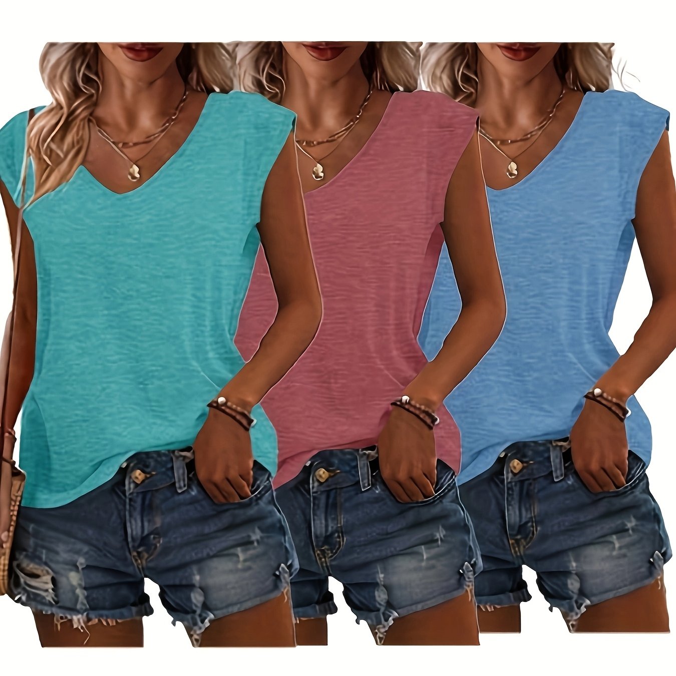 Breathable 3pcs V-Neck T-Shirts - Casual Short Sleeve, Solid Color, Polyester Blend, Machine Washable - Perfect for Spring & Summer - Cat Shop Boys