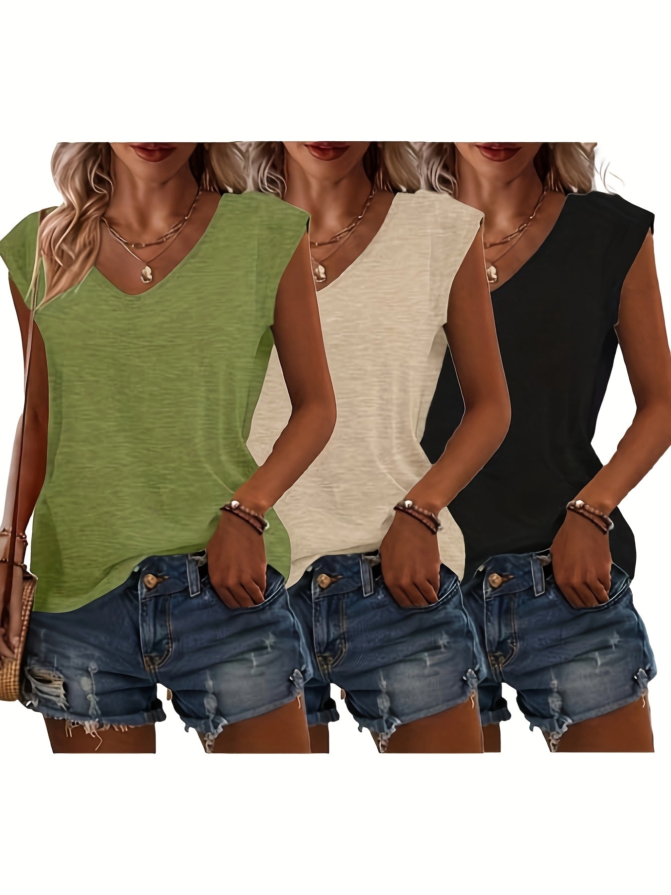 Breathable 3pcs V-Neck T-Shirts - Casual Short Sleeve, Solid Color, Polyester Blend, Machine Washable - Perfect for Spring & Summer - Cat Shop Boys