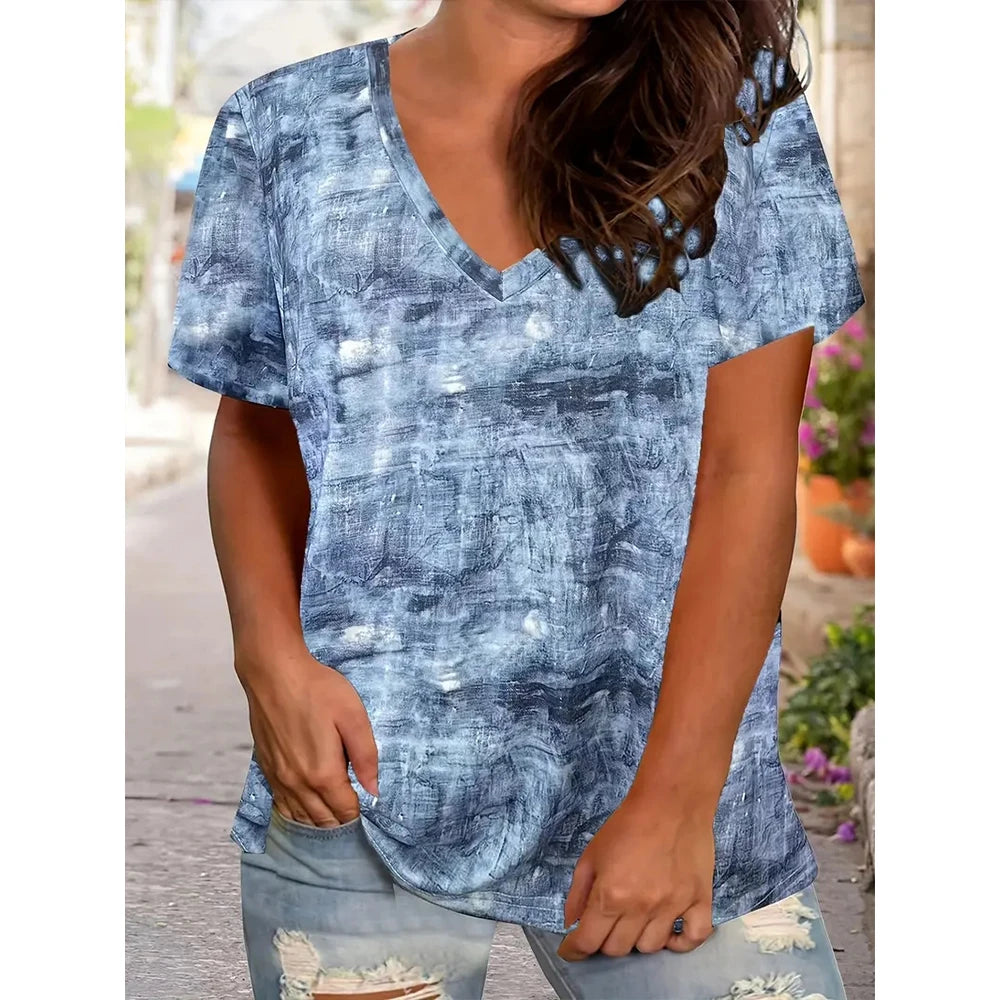 Vintage T Shirt For Women Summer Casual Short Sleeve Tee Shirt Fashion V-Neck Stripe Print Overszied Clothing Female T-Shirts - Cat Shop Boys
