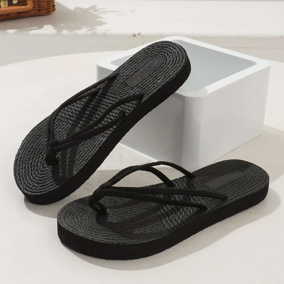 Ladies student fashion trend features pure black double strap anti-slip wear-resistant soft sole flip-flops - Cat Shop Boys