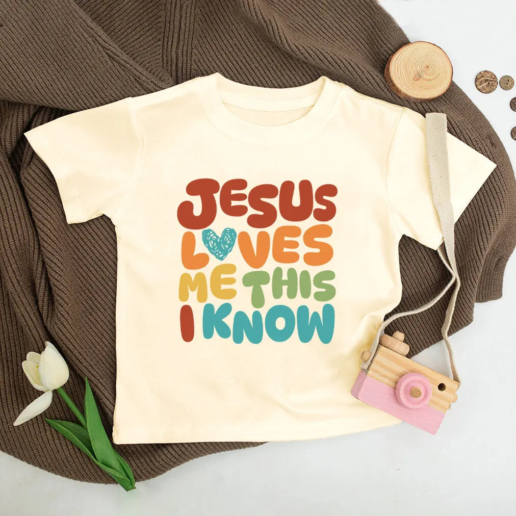 Jesus Loves Me Print Kids Shirt Retro Summer T-shirt Tops for Children Boys Girls Short Sleeve Tshirt Funny Toddler Clothes Tee - Cat Shop Boys