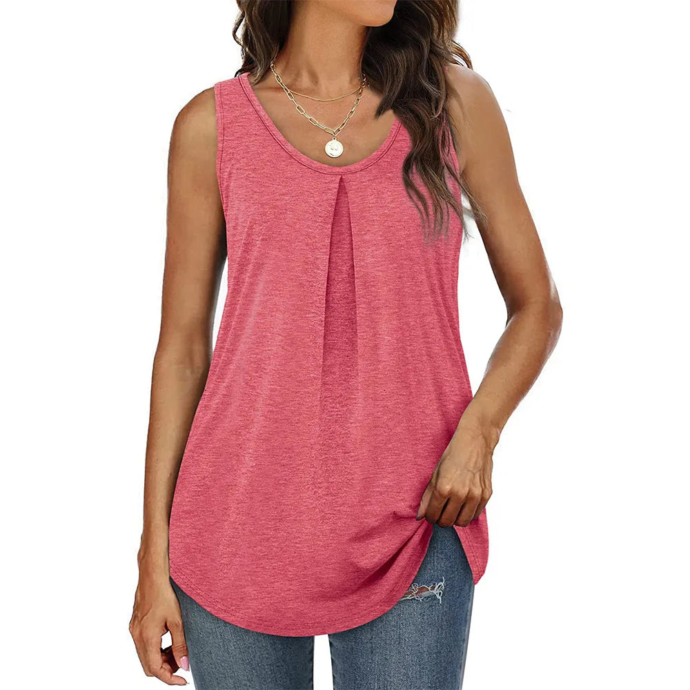 Summer V Neck Sleeveless Long Pleated Loose Vests Casual Women Solid Color T-shirt Tops YDFS-YD8817 - Cat Shop Boys