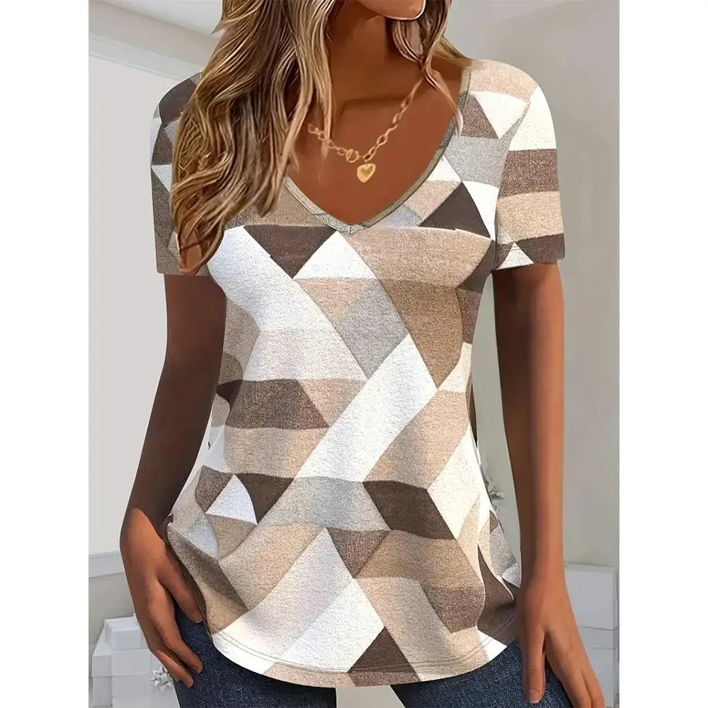 Vintage T Shirt For Women Summer Casual Short Sleeve Tee Shirt Fashion V-Neck Stripe Print Overszied Clothing Female T-Shirts - Cat Shop Boys