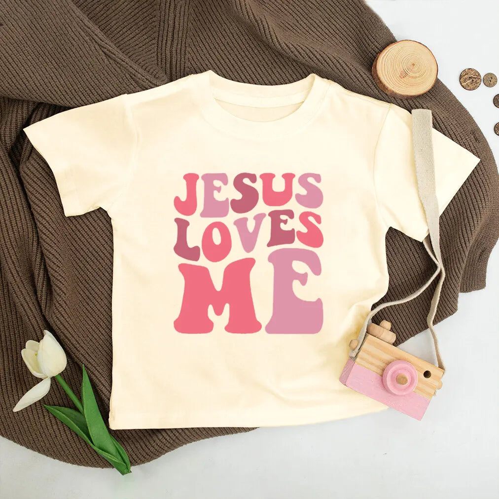Jesus Loves Me Print Kids Shirt Retro Summer T-shirt Tops for Children Boys Girls Short Sleeve Tshirt Funny Toddler Clothes Tee - Cat Shop Boys
