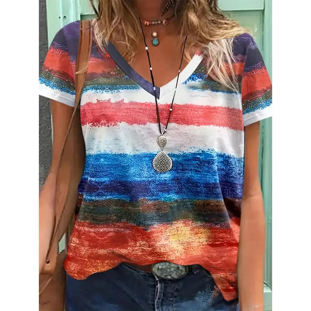 Vintage T Shirt For Women Summer Casual Short Sleeve Tee Shirt Fashion V-Neck Stripe Print Overszied Clothing Female T-Shirts - Cat Shop Boys