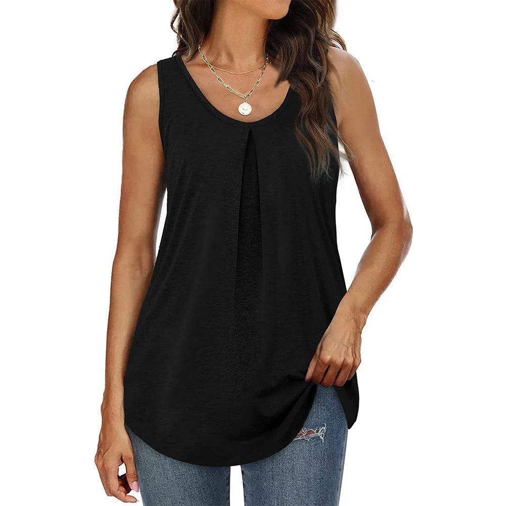 Summer V Neck Sleeveless Long Pleated Loose Vests Casual Women Solid Color T-shirt Tops YDFS-YD8817 - Cat Shop Boys