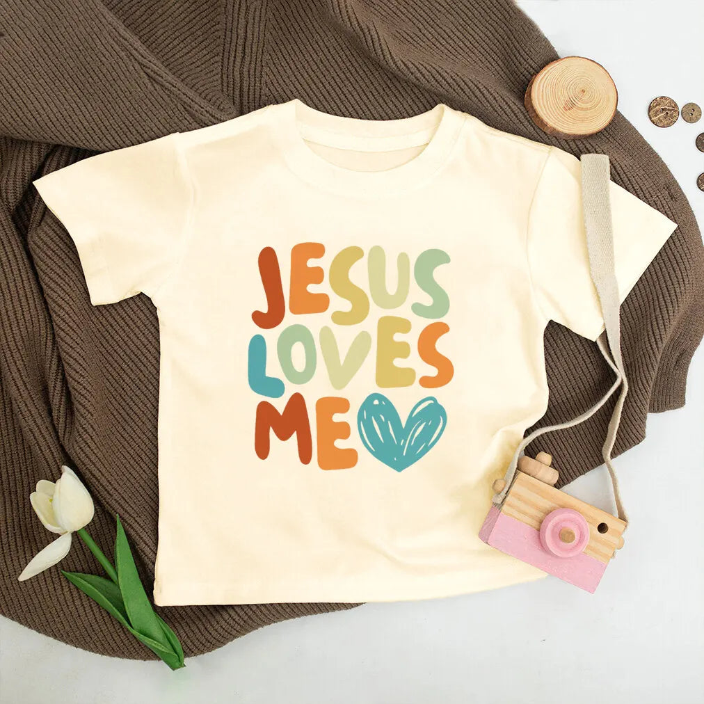 Jesus Loves Me Print Kids Shirt Retro Summer T-shirt Tops for Children Boys Girls Short Sleeve Tshirt Funny Toddler Clothes Tee - Cat Shop Boys