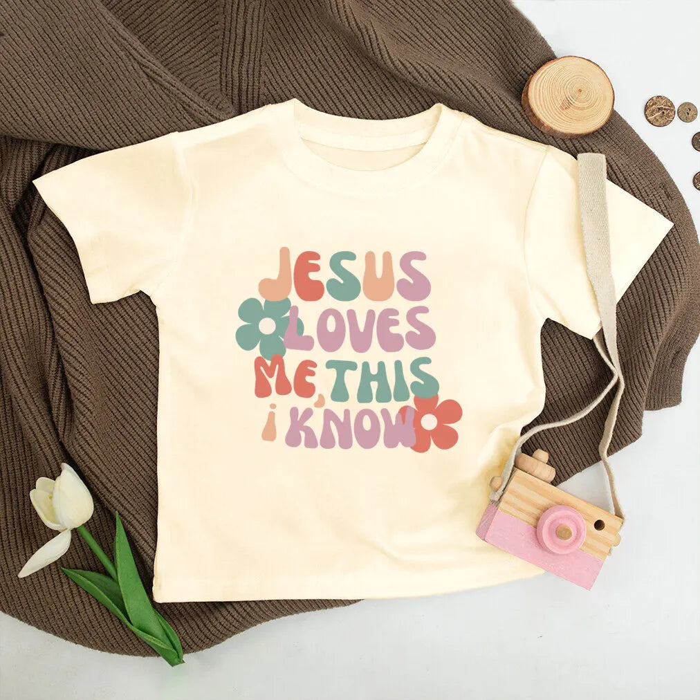 Jesus Loves Me Print Kids Shirt Retro Summer T-shirt Tops for Children Boys Girls Short Sleeve Tshirt Funny Toddler Clothes Tee - Cat Shop Boys