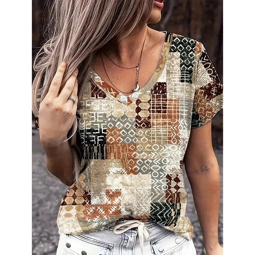 Vintage T Shirt For Women Summer Casual Short Sleeve Tee Shirt Fashion V-Neck Stripe Print Overszied Clothing Female T-Shirts - Cat Shop Boys