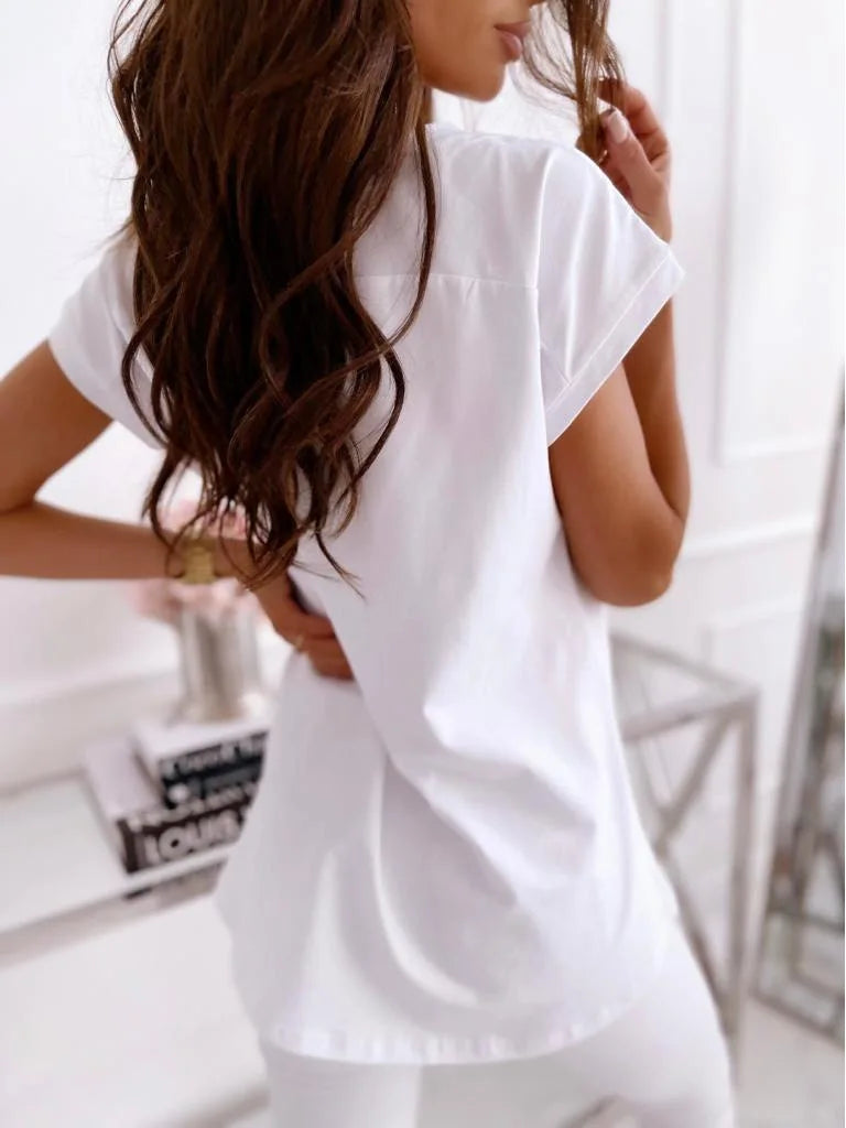 Spring/summer Solid Color Short Sleeved V-neck T-shirt Top For Women's Clothing Casual Loose Black Pullover Tshirts - Cat Shop Boys