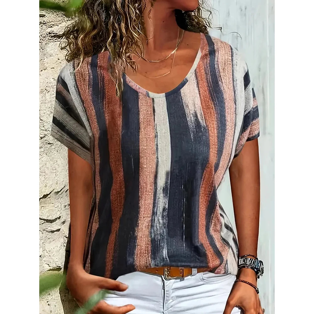 Vintage T Shirt For Women Summer Casual Short Sleeve Tee Shirt Fashion V-Neck Stripe Print Overszied Clothing Female T-Shirts - Cat Shop Boys