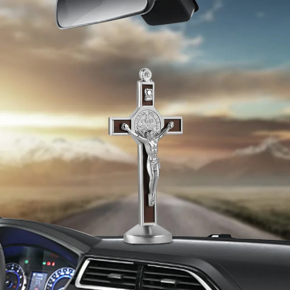 Car Ornament Fashion Metal Wood Jesus Cross Crucifix Christian Jesus Dashboard Decoration Auto Interior Ornaments Accessories - Cat Shop Boys