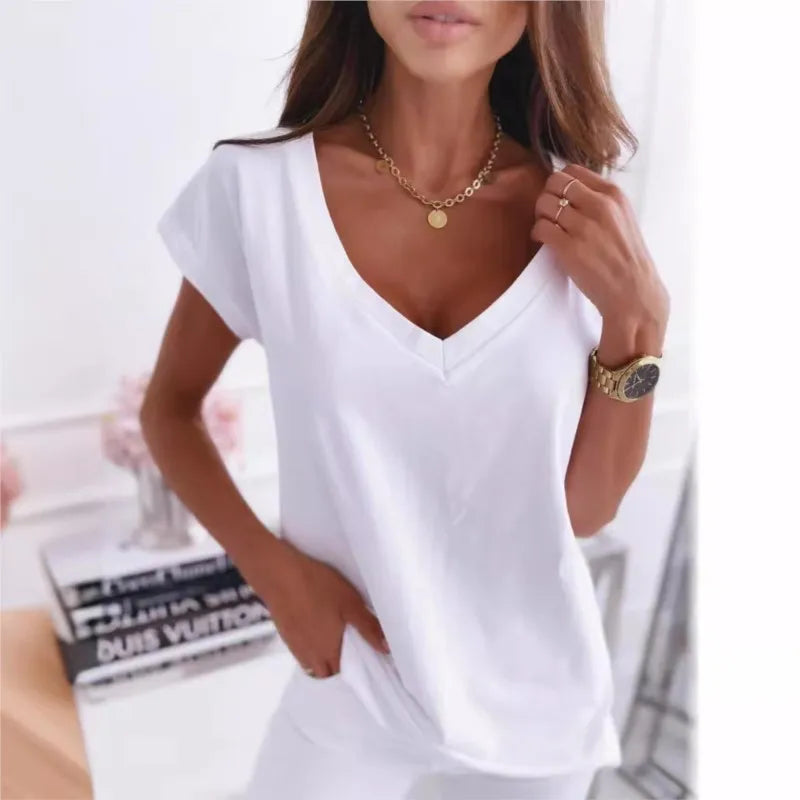 Spring/summer Solid Color Short Sleeved V-neck T-shirt Top For Women's Clothing Casual Loose Black Pullover Tshirts - Cat Shop Boys