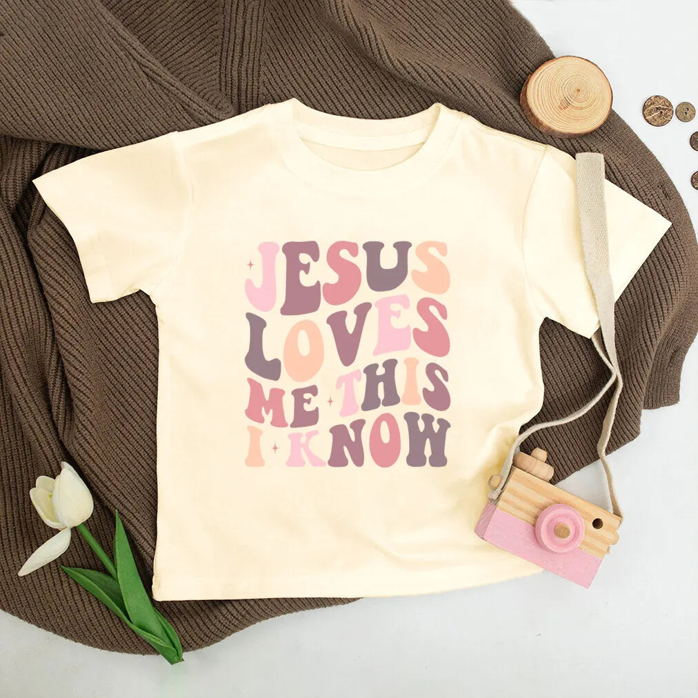 Jesus Loves Me Print Kids Shirt Retro Summer T-shirt Tops for Children Boys Girls Short Sleeve Tshirt Funny Toddler Clothes Tee - Cat Shop Boys