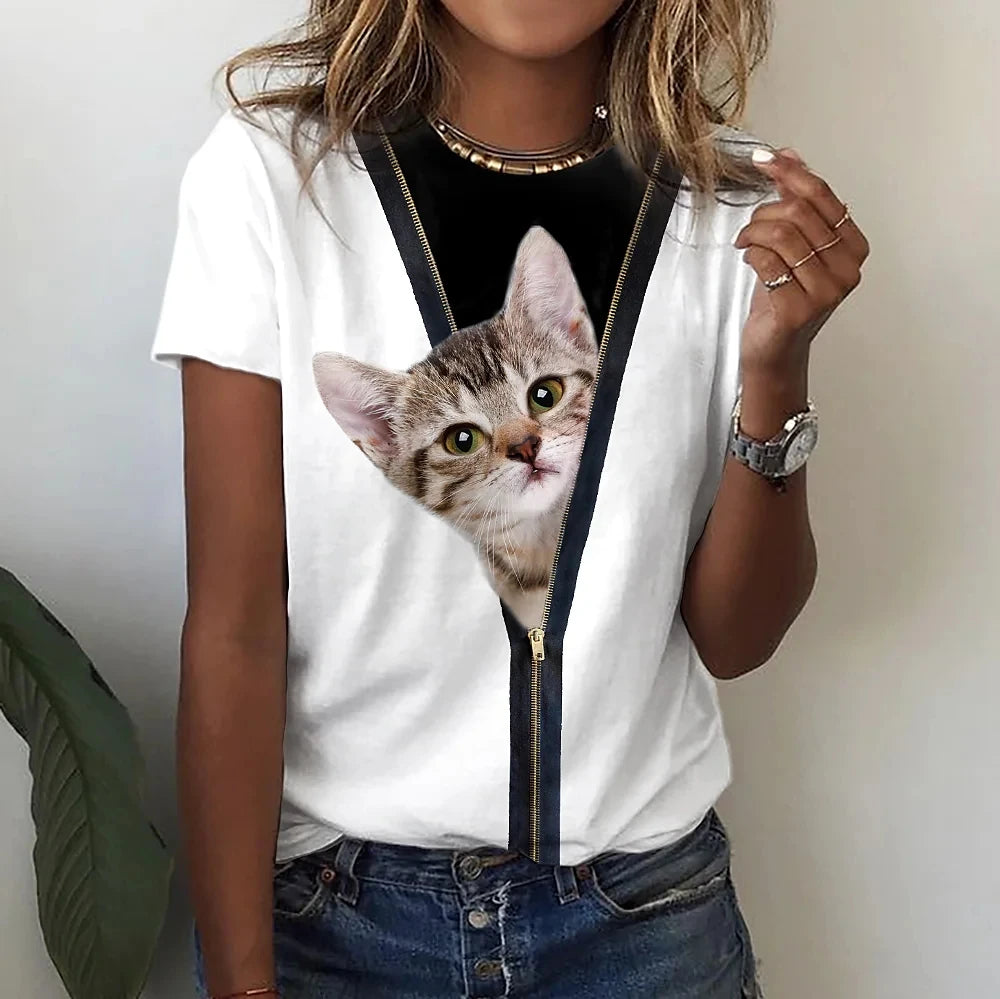 Vintage T Shirt For Women Summer Casual Short Sleeve Tee Shirt Fashion V-Neck Stripe Print Overszied Clothing Female T-Shirts - Cat Shop Boys