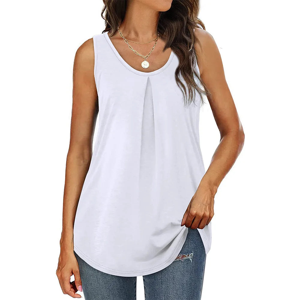 Summer V Neck Sleeveless Long Pleated Loose Vests Casual Women Solid Color T-shirt Tops YDFS-YD8817 - Cat Shop Boys