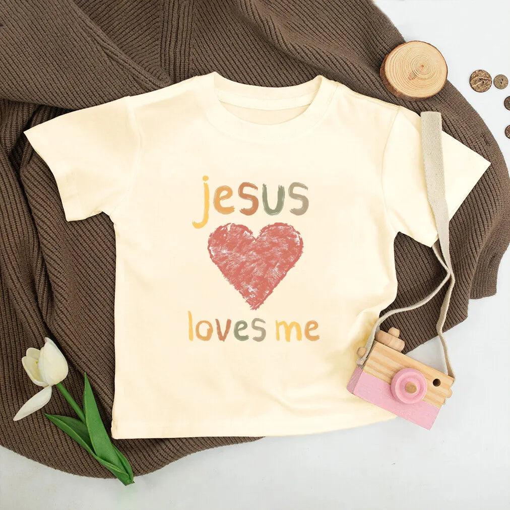 Jesus Loves Me Print Kids Shirt Retro Summer T-shirt Tops for Children Boys Girls Short Sleeve Tshirt Funny Toddler Clothes Tee - Cat Shop Boys