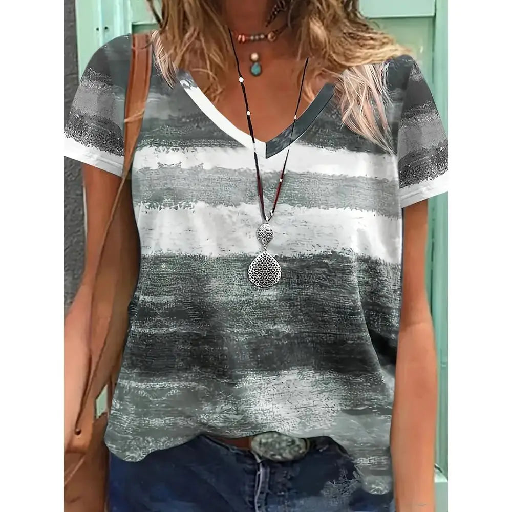 Vintage T Shirt For Women Summer Casual Short Sleeve Tee Shirt Fashion V-Neck Stripe Print Overszied Clothing Female T-Shirts - Cat Shop Boys