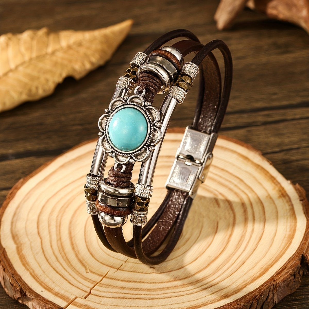 Cat Shop Boys - [Daily Wear Inlay Oval Fashion Gift] 1pc, Boho &vintage Style, Vintage Multi - layer Leather Bracelet, Inlay Oval Turquoise Bracelet, Fashion Accessory For Daily Wear & Party, Idea Gift For Ladies On Birthday