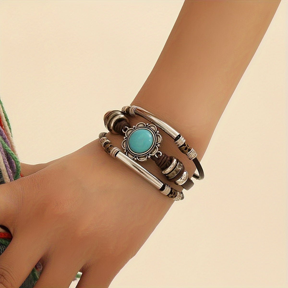 Cat Shop Boys - [Daily Wear Inlay Oval Fashion Gift] 1pc, Boho &vintage Style, Vintage Multi - layer Leather Bracelet, Inlay Oval Turquoise Bracelet, Fashion Accessory For Daily Wear & Party, Idea Gift For Ladies On Birthday