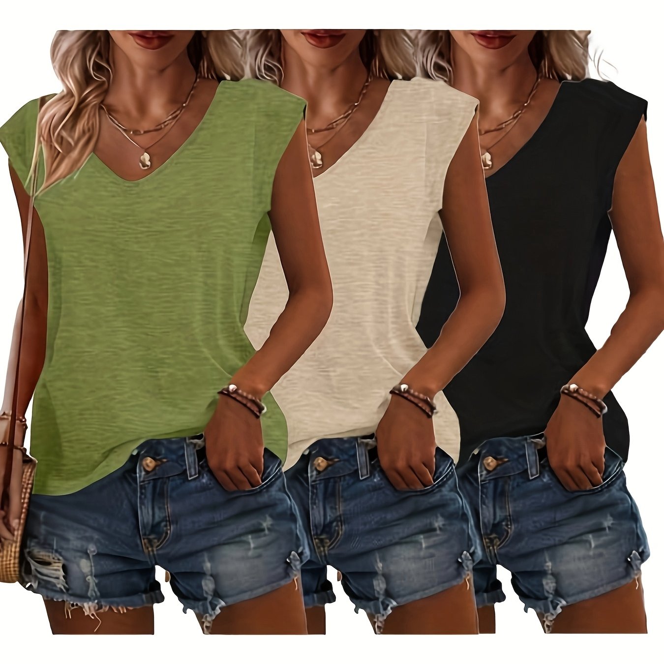 Breathable 3pcs V-Neck T-Shirts - Casual Short Sleeve, Solid Color, Polyester Blend, Machine Washable - Perfect for Spring & Summer - Cat Shop Boys